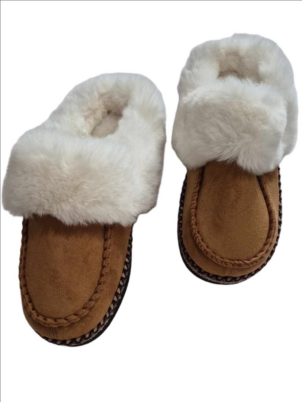Feetfreein Tan Moccasin Bootie Slippers Faux Fur Lined Size US 7-8